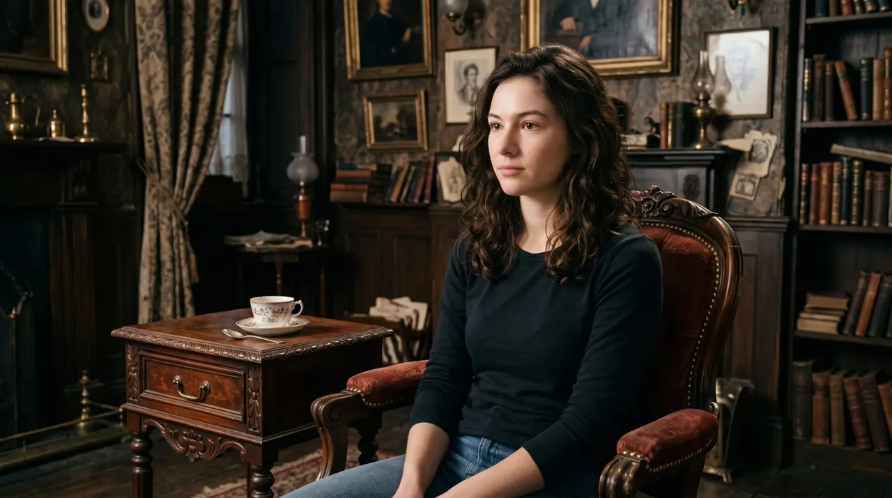 First-frame reference: the actress seated in a Victorian study with books, portraits and a teacup